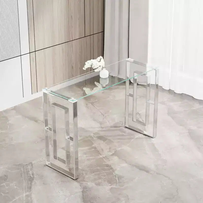 Console moderne, Table basse en verre transparent avec pieds en acier inoxydable pour salon et bureau, argent