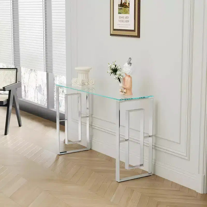 Console moderne, Table basse en verre transparent avec pieds en acier inoxydable pour salon et bureau, argent