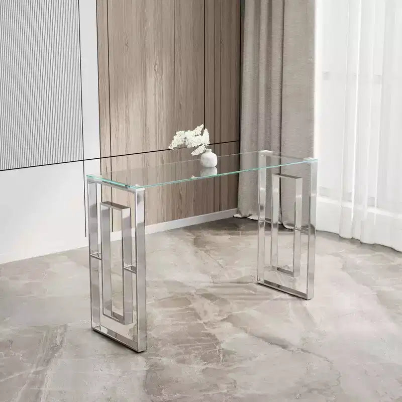 Console moderne, Table basse en verre transparent avec pieds en acier inoxydable pour salon et bureau, argent