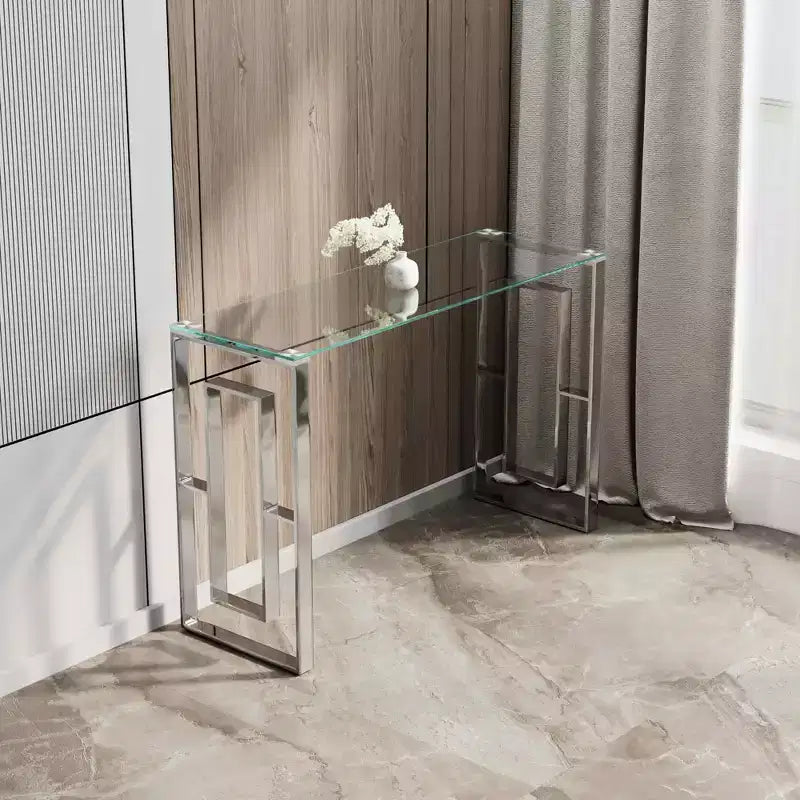 Console moderne, Table basse en verre transparent avec pieds en acier inoxydable pour salon et bureau, argent
