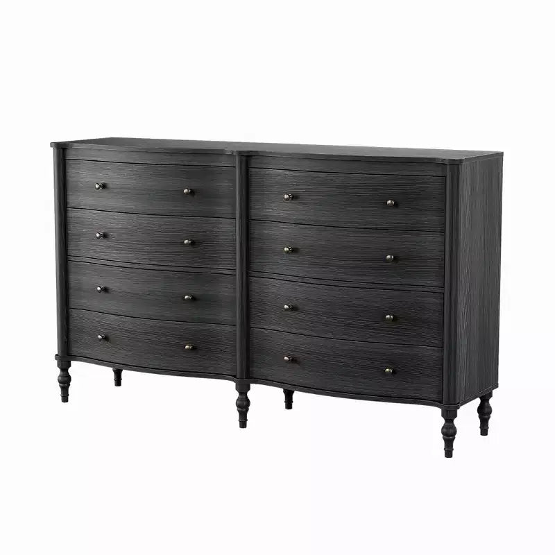Commode vintage à façade incurvée en chêne noir/clair avec 8 tiroirs, commode de chambre de luxe avec boutons en bronze