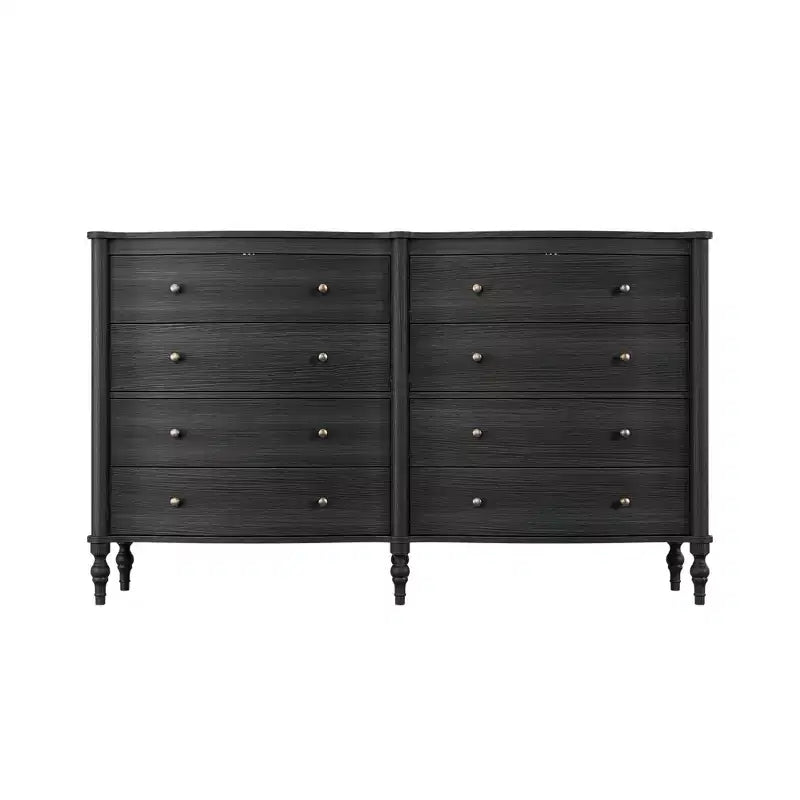 Commode vintage à façade incurvée en chêne noir/clair avec 8 tiroirs, commode de chambre de luxe avec boutons en bronze