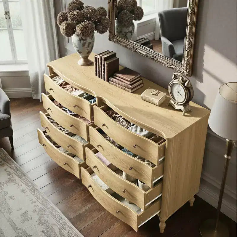 Commode vintage à façade incurvée en chêne noir/clair avec 8 tiroirs, commode de chambre de luxe avec boutons en bronze