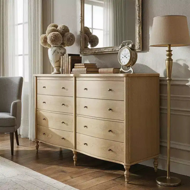 Commode vintage à façade incurvée en chêne noir/clair avec 8 tiroirs, commode de chambre de luxe avec boutons en bronze