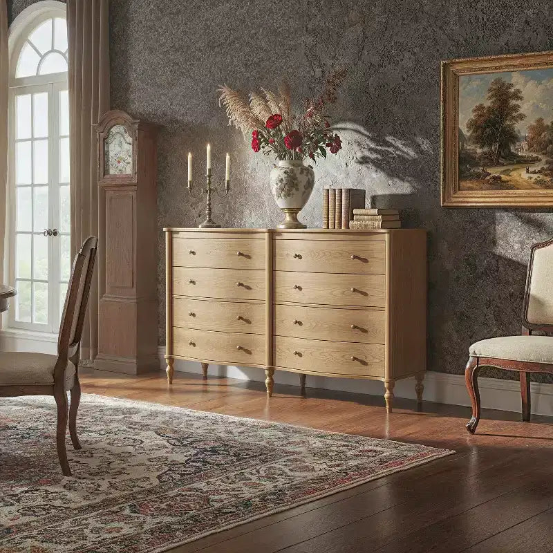 Commode vintage à façade incurvée en chêne noir/clair avec 8 tiroirs, commode de chambre de luxe avec boutons en bronze