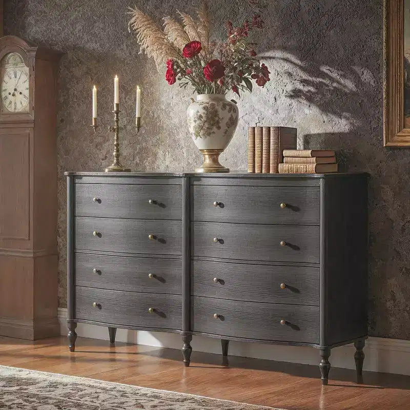 Commode vintage à façade incurvée en chêne noir/clair avec 8 tiroirs, commode de chambre de luxe avec boutons en bronze