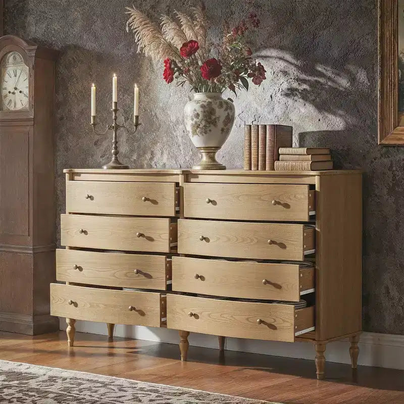 Commode vintage à façade incurvée en chêne noir/clair avec 8 tiroirs, commode de chambre de luxe avec boutons en bronze