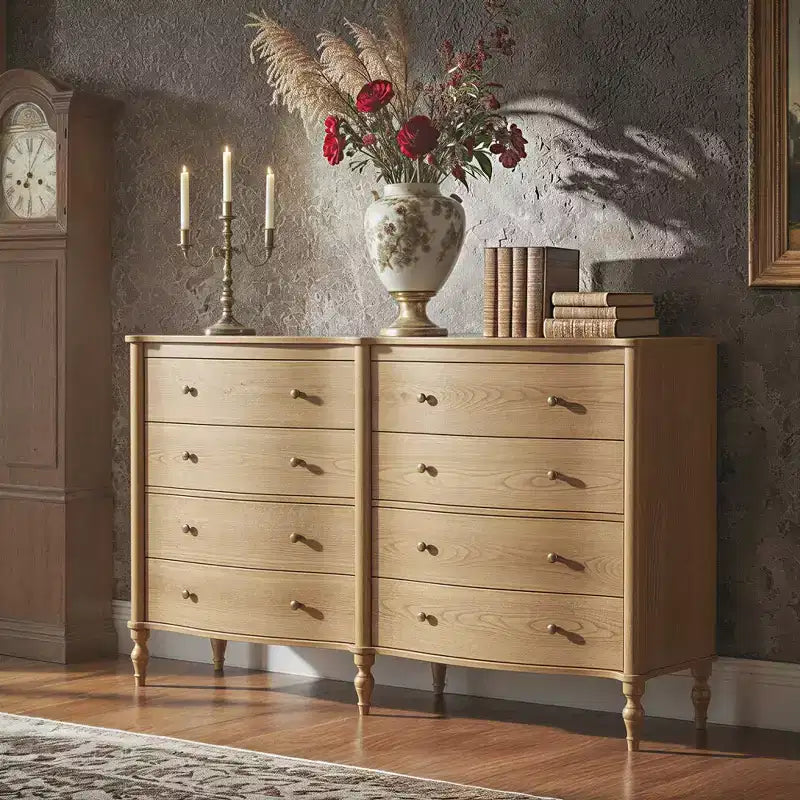 Commode vintage à façade incurvée en chêne noir/clair avec 8 tiroirs, commode de chambre de luxe avec boutons en bronze