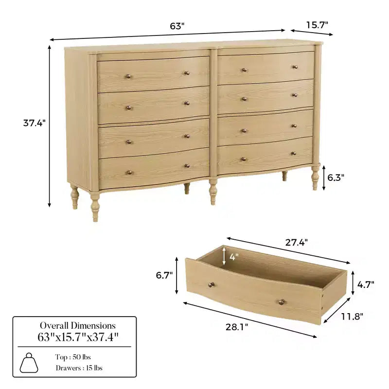 Commode vintage à façade incurvée en chêne noir/clair avec 8 tiroirs, commode de chambre de luxe avec boutons en bronze