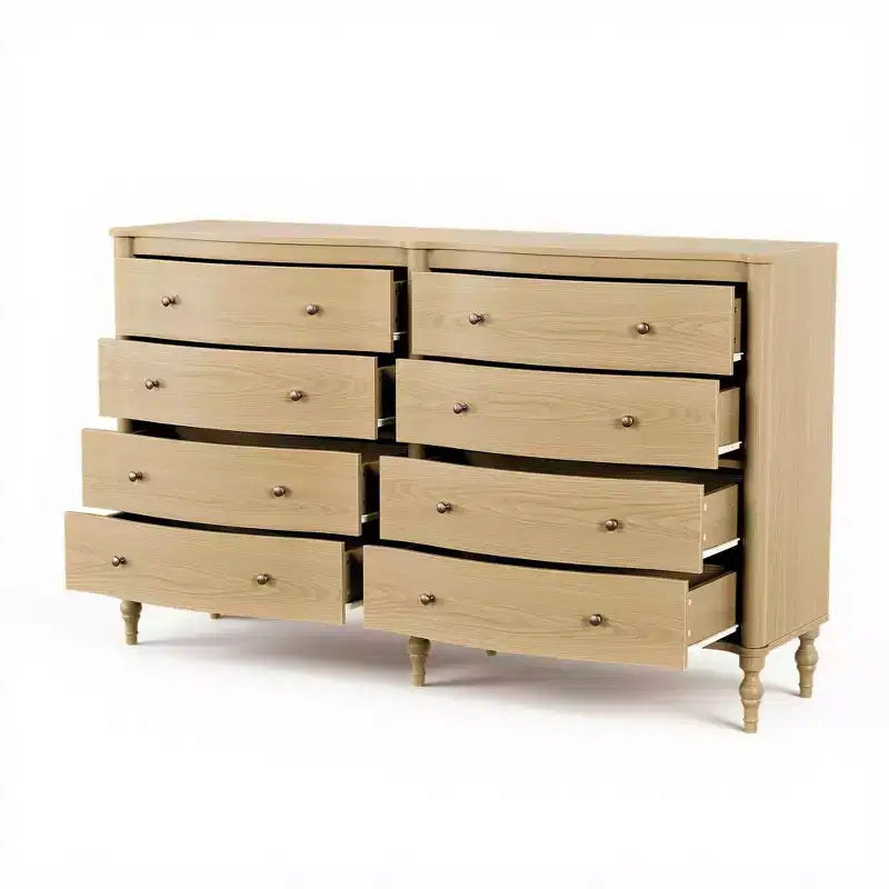 Commode vintage à façade incurvée en chêne noir/clair avec 8 tiroirs, commode de chambre de luxe avec boutons en bronze