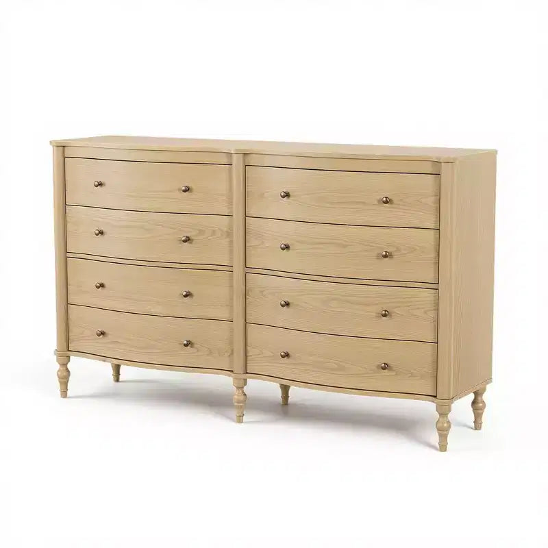 Commode vintage à façade incurvée en chêne noir/clair avec 8 tiroirs, commode de chambre de luxe avec boutons en bronze