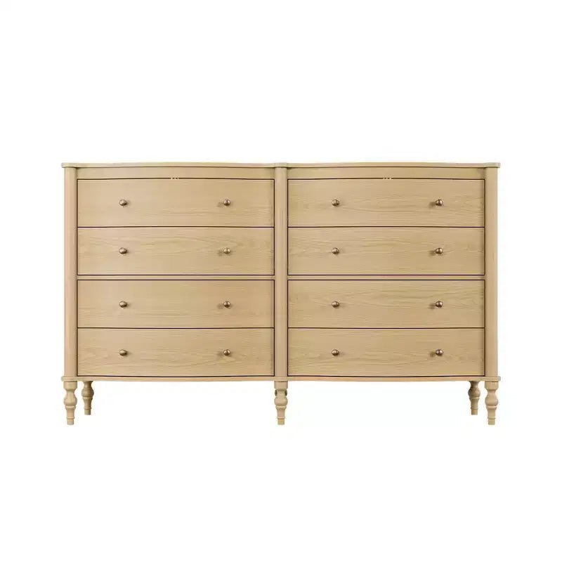 Commode vintage à façade incurvée en chêne noir/clair avec 8 tiroirs, commode de chambre de luxe avec boutons en bronze