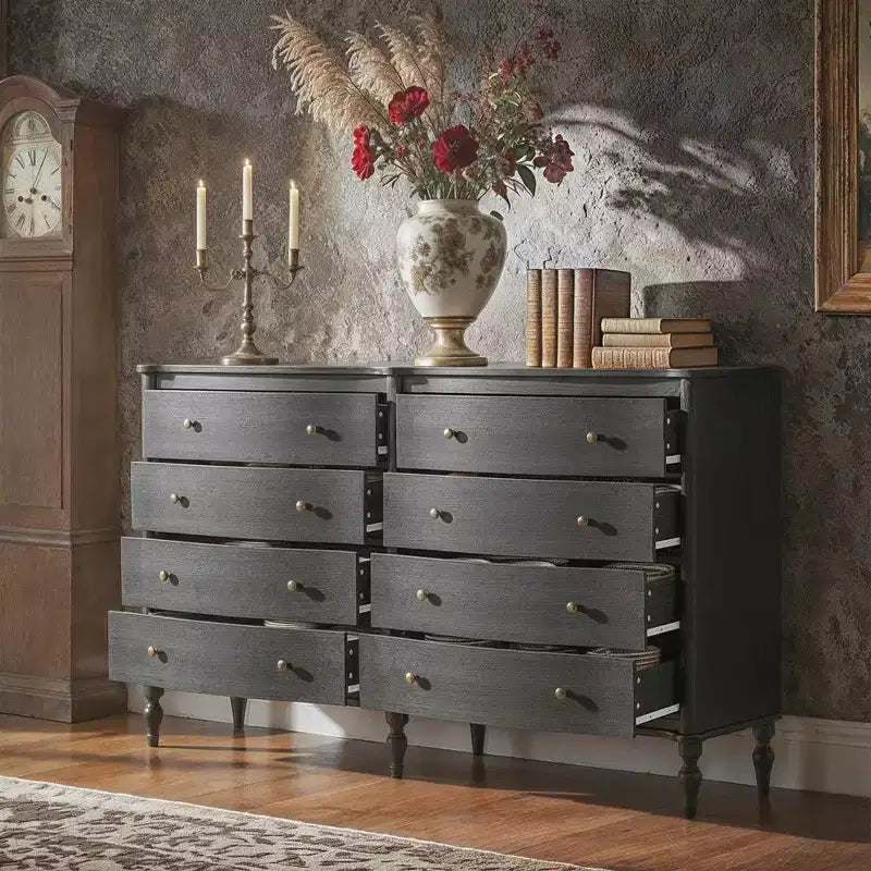 Commode vintage à façade incurvée en chêne noir/clair avec 8 tiroirs, commode de chambre de luxe avec boutons en bronze