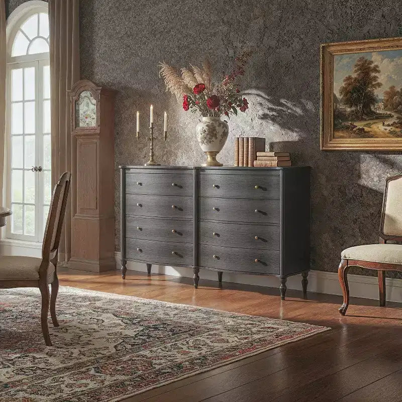 Commode vintage à façade incurvée en chêne noir/clair avec 8 tiroirs, commode de chambre de luxe avec boutons en bronze