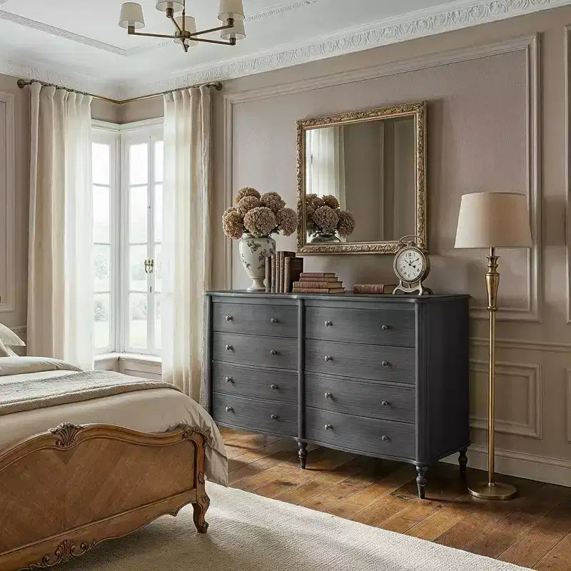 Commode vintage à façade incurvée en chêne noir/clair avec 8 tiroirs, commode de chambre de luxe avec boutons en bronze