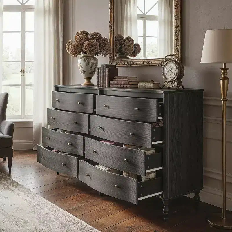 Commode vintage à façade incurvée en chêne noir/clair avec 8 tiroirs, commode de chambre de luxe avec boutons en bronze