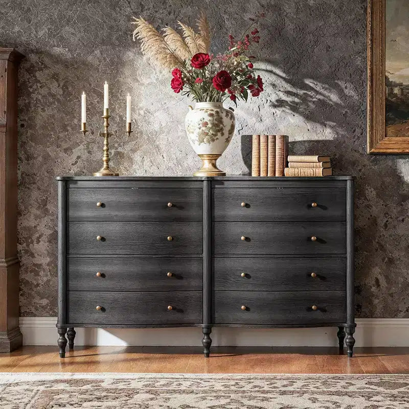 Commode vintage à façade incurvée en chêne noir/clair avec 8 tiroirs, commode de chambre de luxe avec boutons en bronze