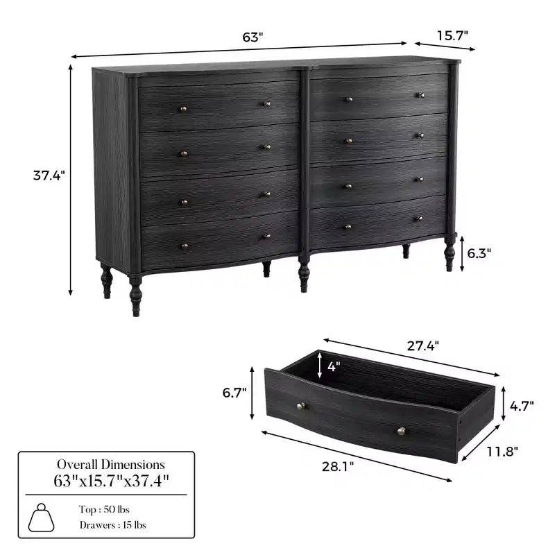 Commode vintage à façade incurvée en chêne noir/clair avec 8 tiroirs, commode de chambre de luxe avec boutons en bronze