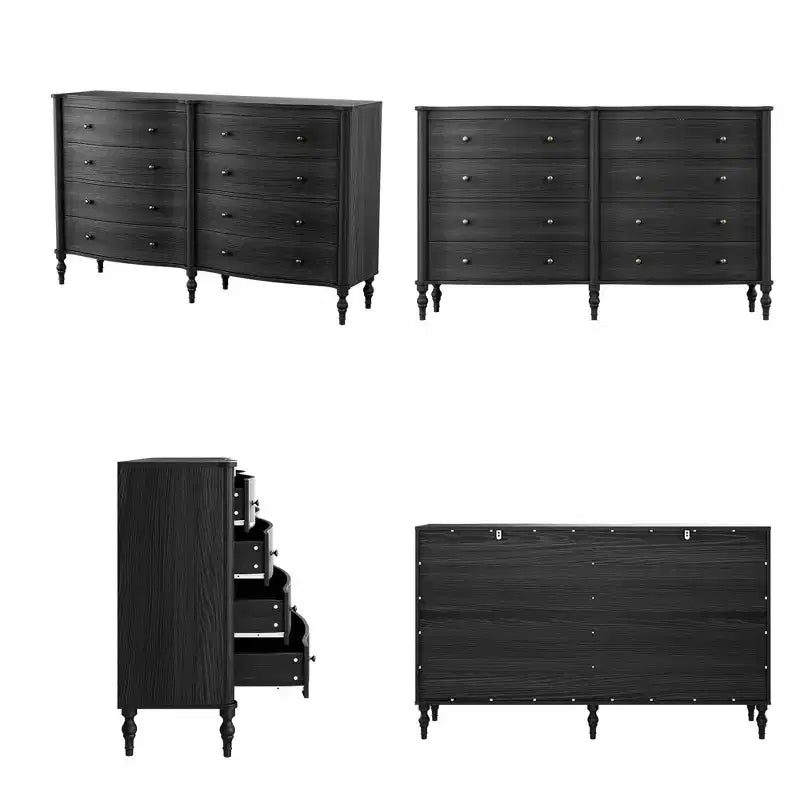 Commode vintage à façade incurvée en chêne noir/clair avec 8 tiroirs, commode de chambre de luxe avec boutons en bronze