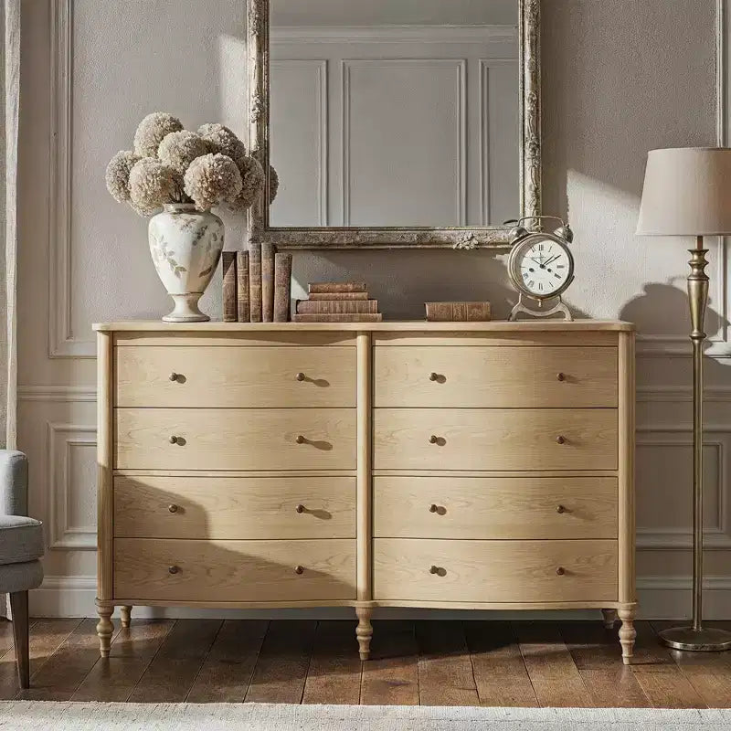 Commode vintage à façade incurvée en chêne noir/clair avec 8 tiroirs, commode de chambre de luxe avec boutons en bronze