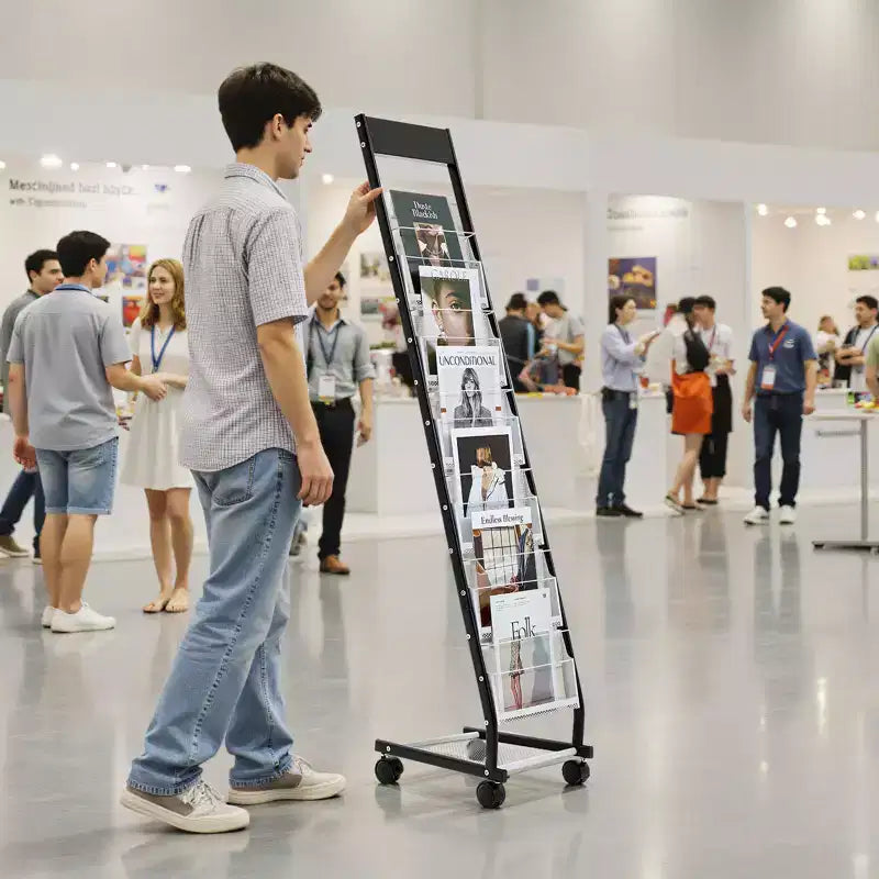Présentoir à brochures, Distributeur étroit de magazines à 6 niveaux avec roulettes, Porte-revues autoportant en métal, 6 poches, Noir