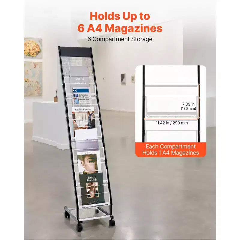 Présentoir à brochures, Distributeur étroit de magazines à 6 niveaux avec roulettes, Porte-revues autoportant en métal, 6 poches, Noir