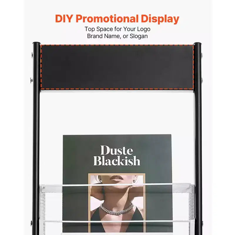 Présentoir à brochures, Distributeur étroit de magazines à 6 niveaux avec roulettes, Porte-revues autoportant en métal, 6 poches, Noir