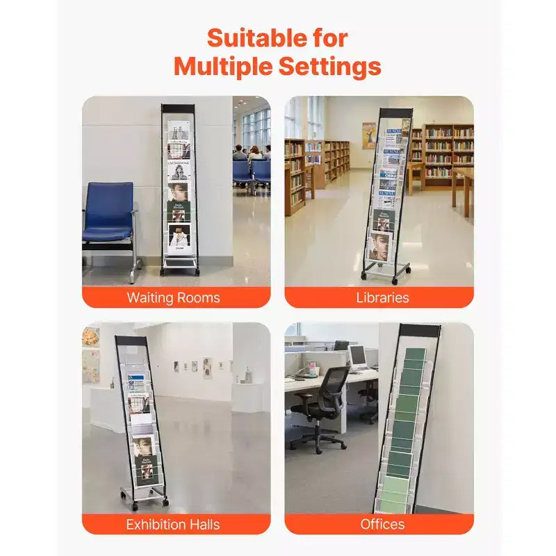 Présentoir à brochures, Distributeur étroit de magazines à 6 niveaux avec roulettes, Porte-revues autoportant en métal, 6 poches, Noir