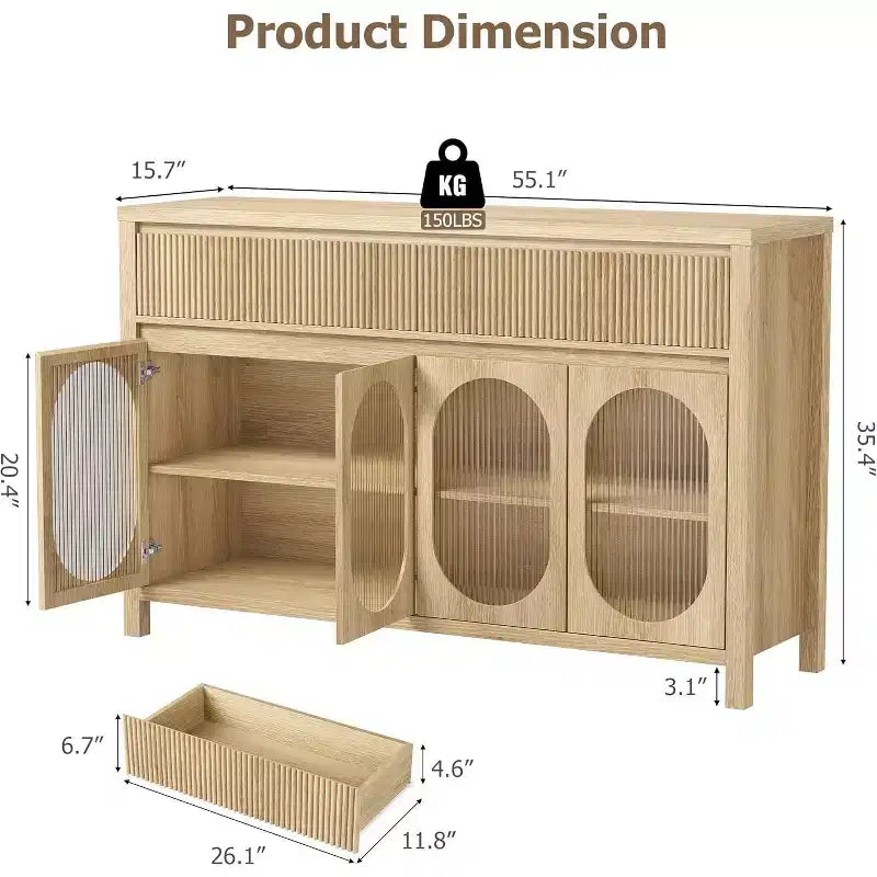 Bahut de 55 pouces avec portes en verre et tiroirs cannelés, meuble de rangement pour salle à manger, cuisine, salon, naturel