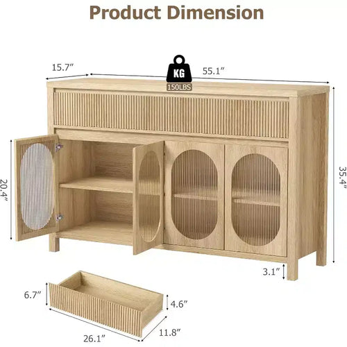 Bahut de 55 pouces avec portes en verre et tiroirs cannelés, meuble de rangement pour salle à manger, cuisine, salon, naturel