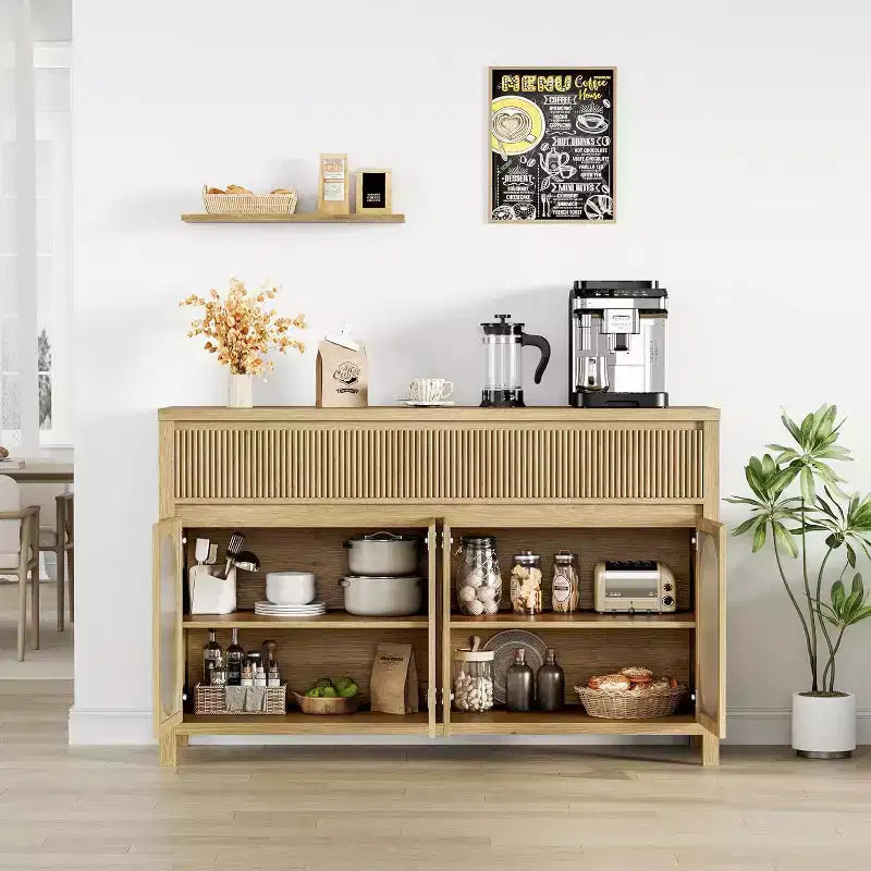 Bahut de 55 pouces avec portes en verre et tiroirs cannelés, meuble de rangement pour salle à manger, cuisine, salon, naturel