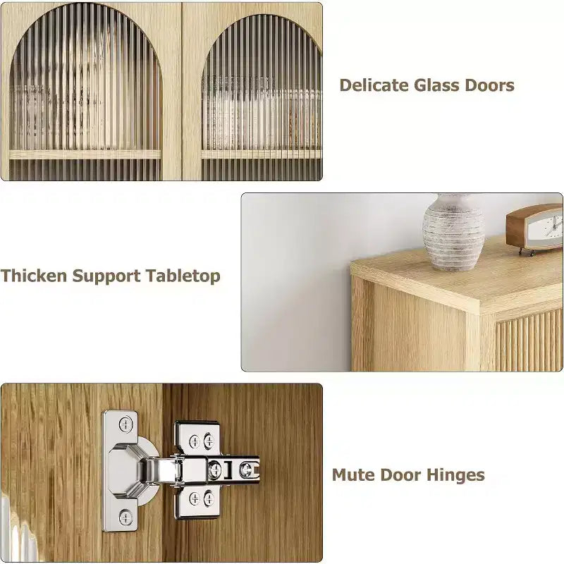 Bahut de 55 pouces avec portes en verre et tiroirs cannelés, meuble de rangement pour salle à manger, cuisine, salon, naturel