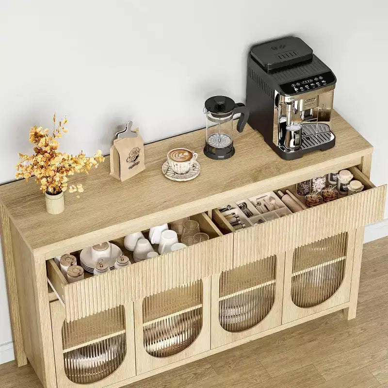 Bahut de 55 pouces avec portes en verre et tiroirs cannelés, meuble de rangement pour salle à manger, cuisine, salon, naturel