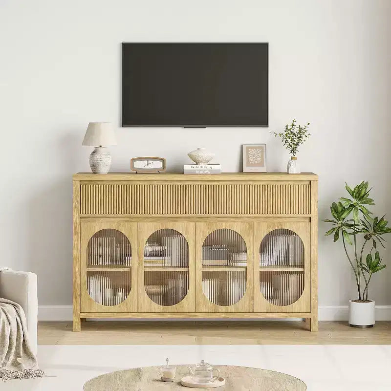 Bahut de 55 pouces avec portes en verre et tiroirs cannelés, meuble de rangement pour salle à manger, cuisine, salon, naturel