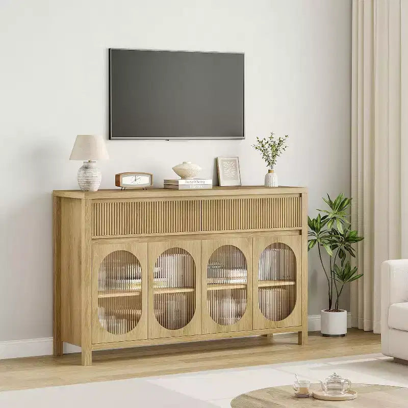 Bahut de 55 pouces avec portes en verre et tiroirs cannelés, meuble de rangement pour salle à manger, cuisine, salon, naturel