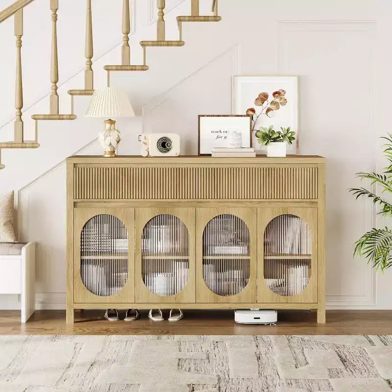 Bahut de 55 pouces avec portes en verre et tiroirs cannelés, meuble de rangement pour salle à manger, cuisine, salon, naturel