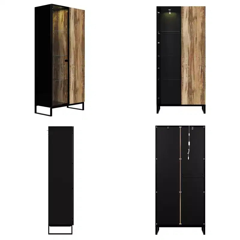 Vitrine bibliothèque éclairée par LED Meuble de rangement élégant en verre et bois avec porte, pour la décoration et les livres Meuble autoportant
