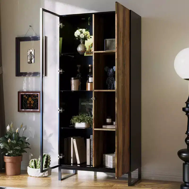 Vitrine bibliothèque éclairée par LED Meuble de rangement élégant en verre et bois avec porte, pour la décoration et les livres Meuble autoportant