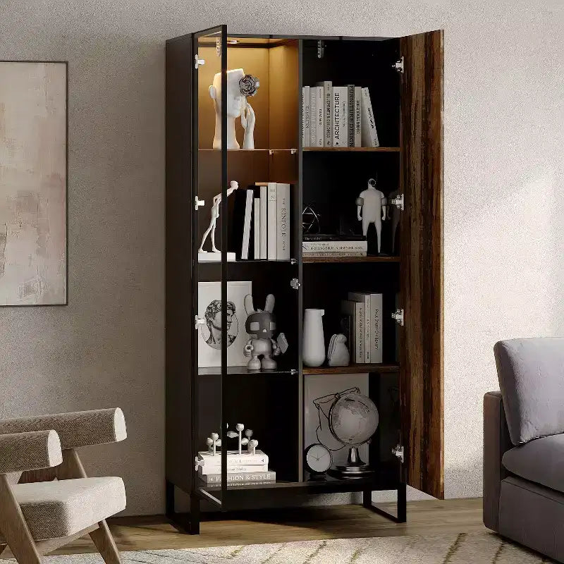 Vitrine bibliothèque éclairée par LED Meuble de rangement élégant en verre et bois avec porte, pour la décoration et les livres Meuble autoportant