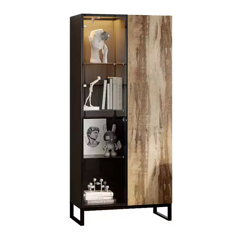 Vitrine bibliothèque éclairée par LED Meuble de rangement élégant en verre et bois avec porte, pour la décoration et les livres Meuble autoportant