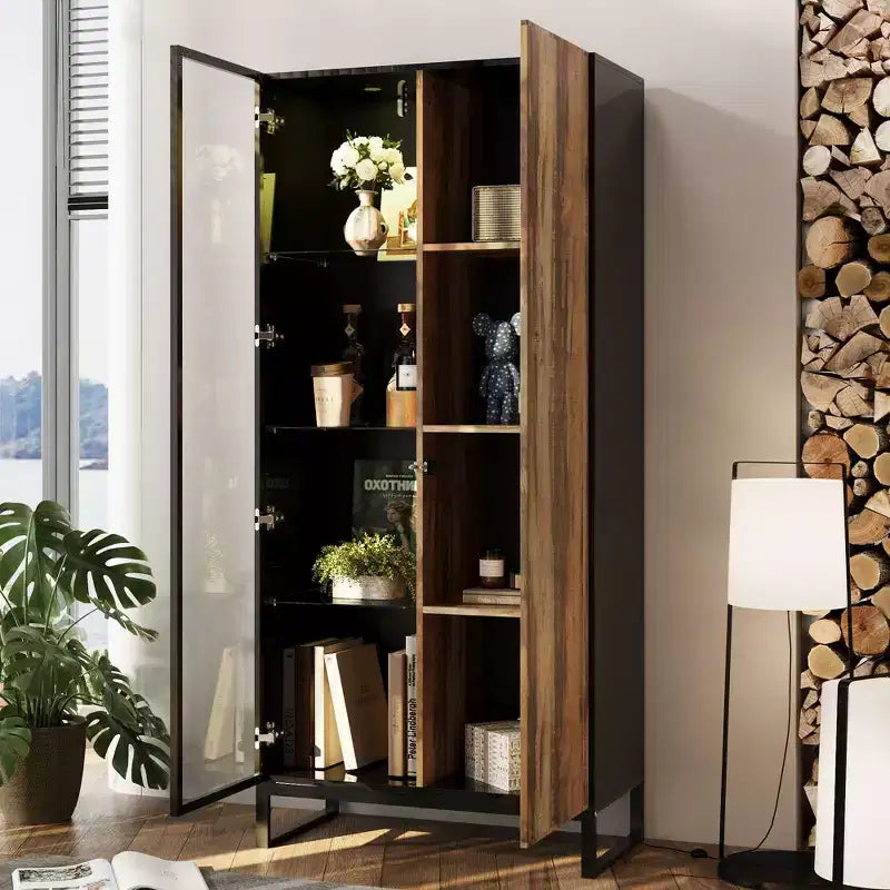Vitrine bibliothèque éclairée par LED Meuble de rangement élégant en verre et bois avec porte, pour la décoration et les livres Meuble autoportant