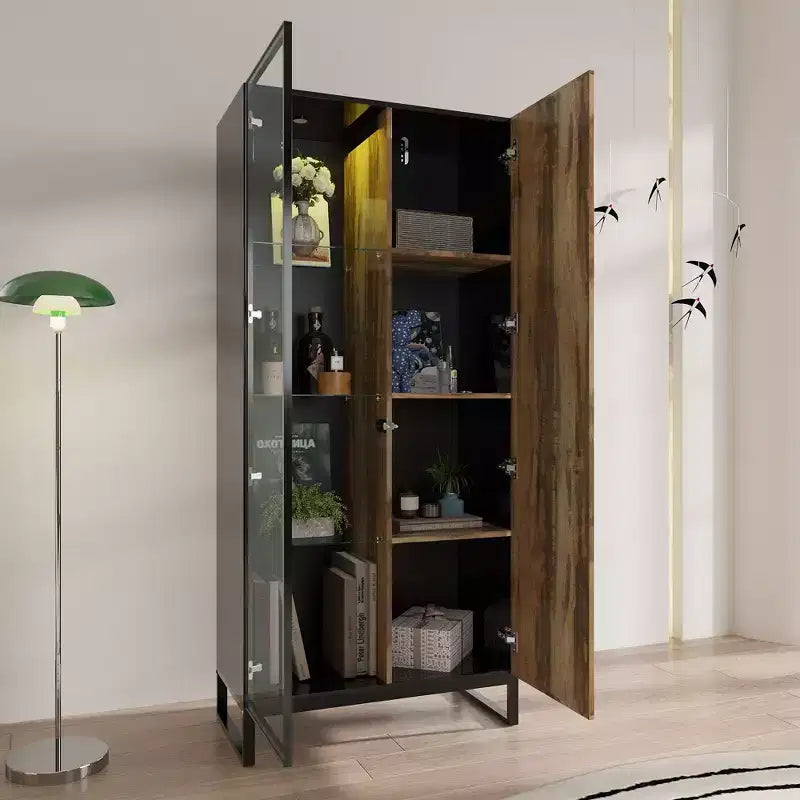 Vitrine bibliothèque éclairée par LED Meuble de rangement élégant en verre et bois avec porte, pour la décoration et les livres Meuble autoportant