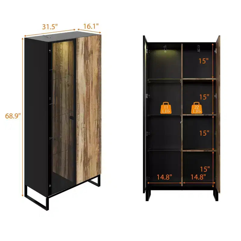 Vitrine bibliothèque éclairée par LED Meuble de rangement élégant en verre et bois avec porte, pour la décoration et les livres Meuble autoportant