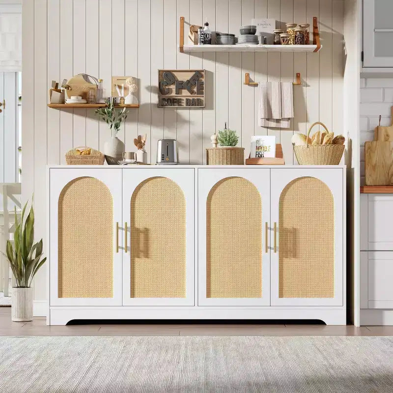Meuble de rangement buffet de 150 cm - Grande crédence avec 4 portes en rotin, console moderne, meuble de bar à café pour salon, cuisine
