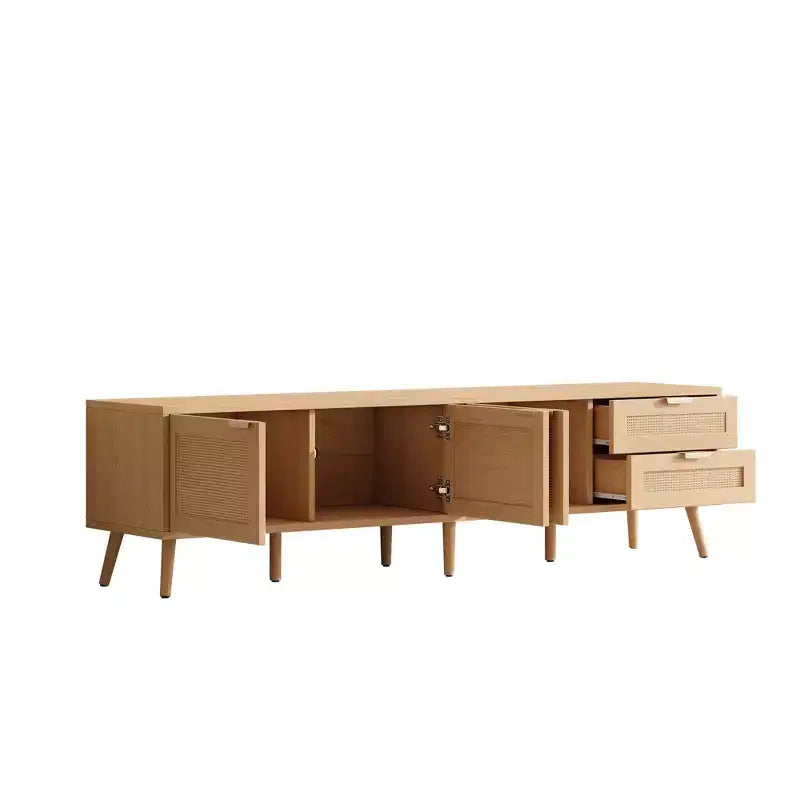 Meuble TV pour téléviseurs jusqu'à 80 pouces, meuble console média en rotin avec 2 tiroirs, trous passe-câbles et pieds en bois massif, naturel