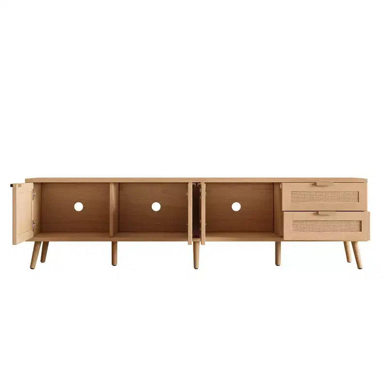 Meuble TV pour téléviseurs jusqu'à 80 pouces, meuble console média en rotin avec 2 tiroirs, trous passe-câbles et pieds en bois massif, naturel