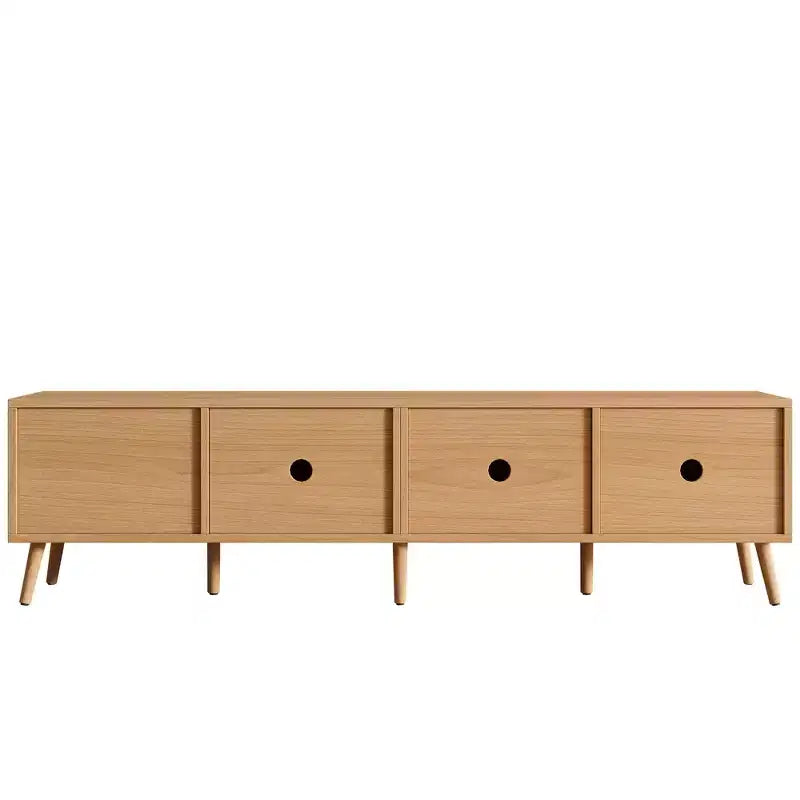Meuble TV pour téléviseurs jusqu'à 80 pouces, meuble console média en rotin avec 2 tiroirs, trous passe-câbles et pieds en bois massif, naturel
