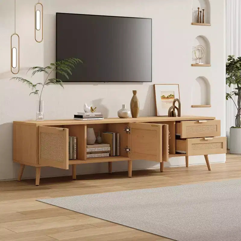 Meuble TV pour téléviseurs jusqu'à 80 pouces, meuble console média en rotin avec 2 tiroirs, trous passe-câbles et pieds en bois massif, naturel