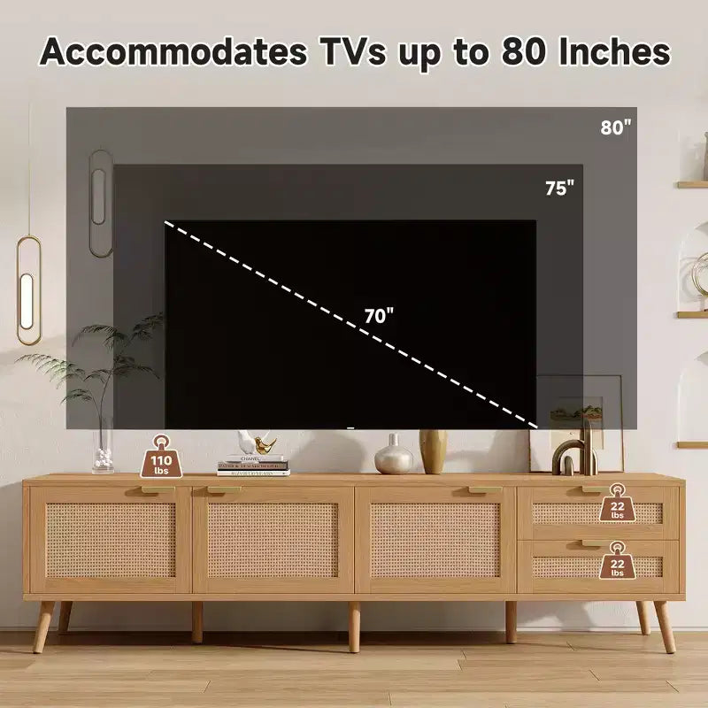 Meuble TV pour téléviseurs jusqu'à 80 pouces, meuble console média en rotin avec 2 tiroirs, trous passe-câbles et pieds en bois massif, naturel