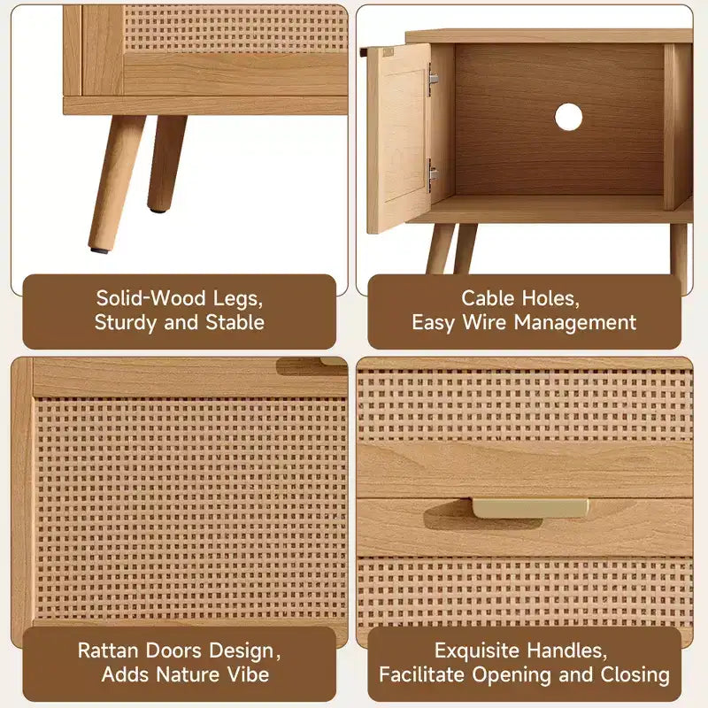 Meuble TV pour téléviseurs jusqu'à 80 pouces, meuble console média en rotin avec 2 tiroirs, trous passe-câbles et pieds en bois massif, naturel